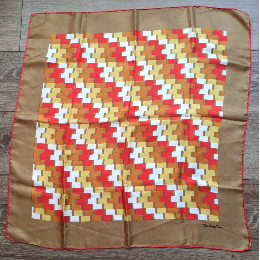 Vtg Christian Dior Silk Scarf Brown Red Geometric Brick Logo Italy Made 26in